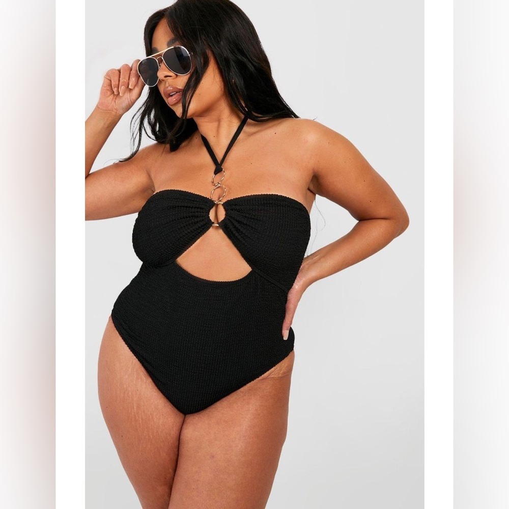 ISO - Boohoo Plus crinkle ring halter swimsuit, US 18, in black